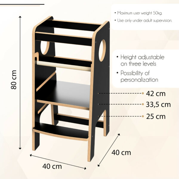 Black Learning Kids Tower, Adjustable Kids Tower Black, Modern Kids Kitchen Helper Tower, Safety Learning Tower for Children, Kids Step Stool with Guardrail